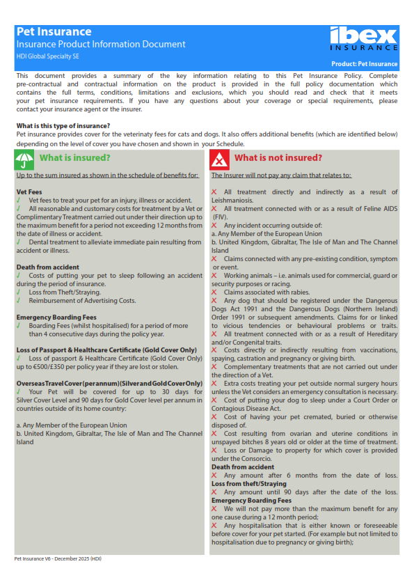Pet Insurance Product Information Document (Policies purchased from 31 December 2025) Cover Image